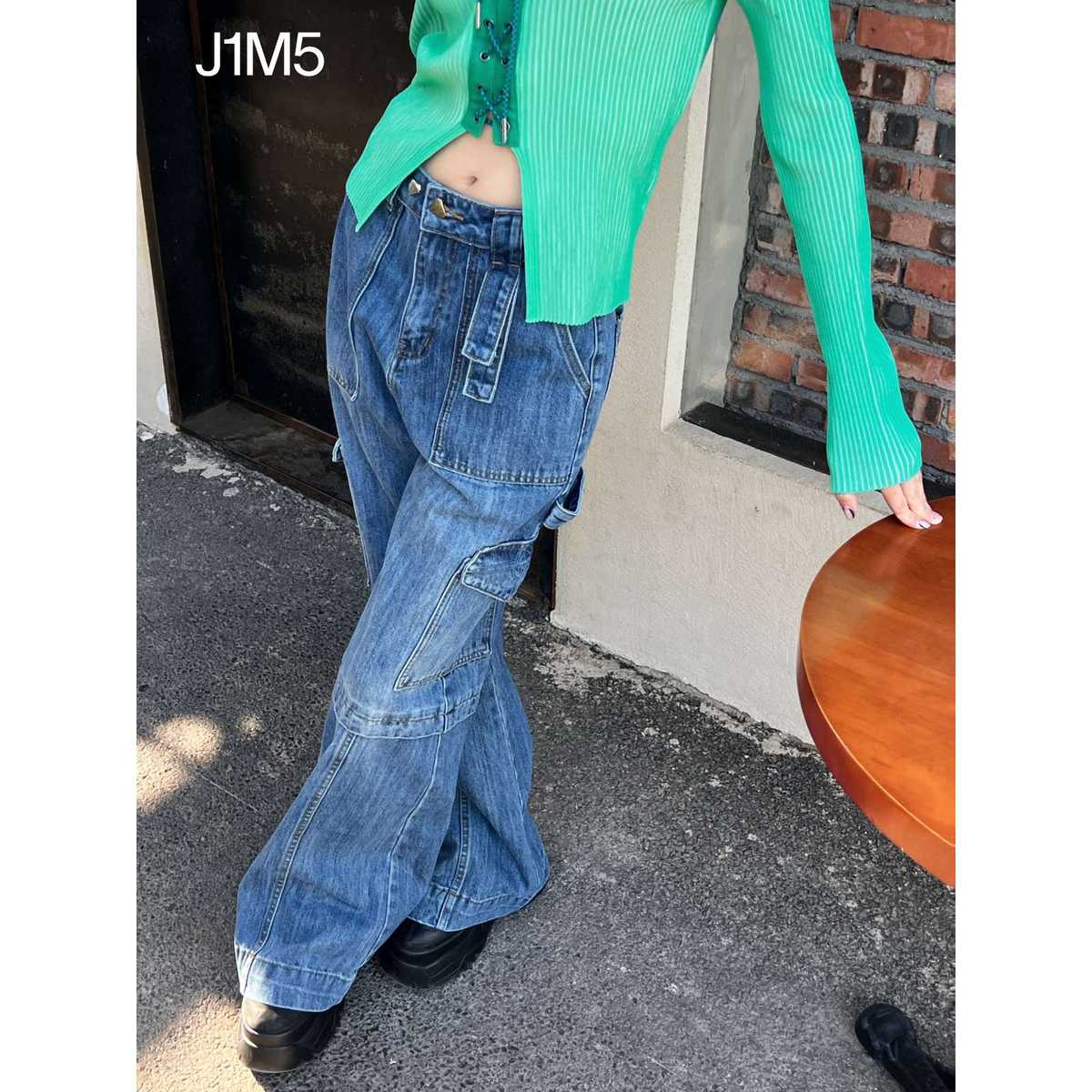  ワイドフレア デニムカーゴパンツ