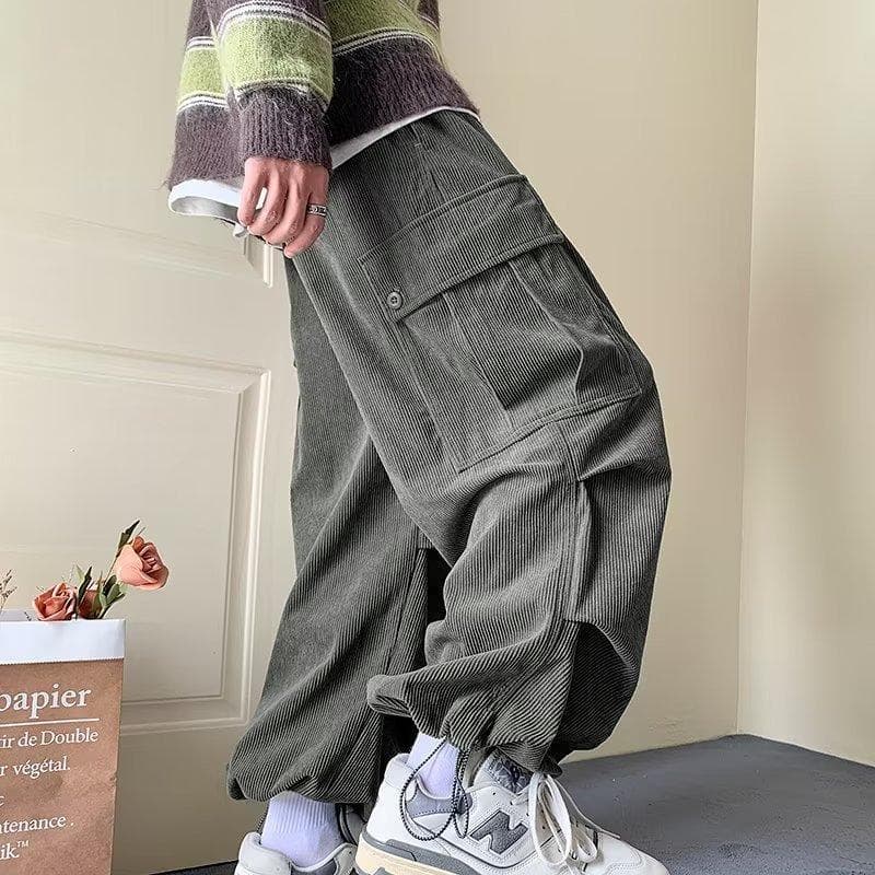カーゴパンツ 多機能ポケット付きコーデュロイ風ワイドカーゴボトムス