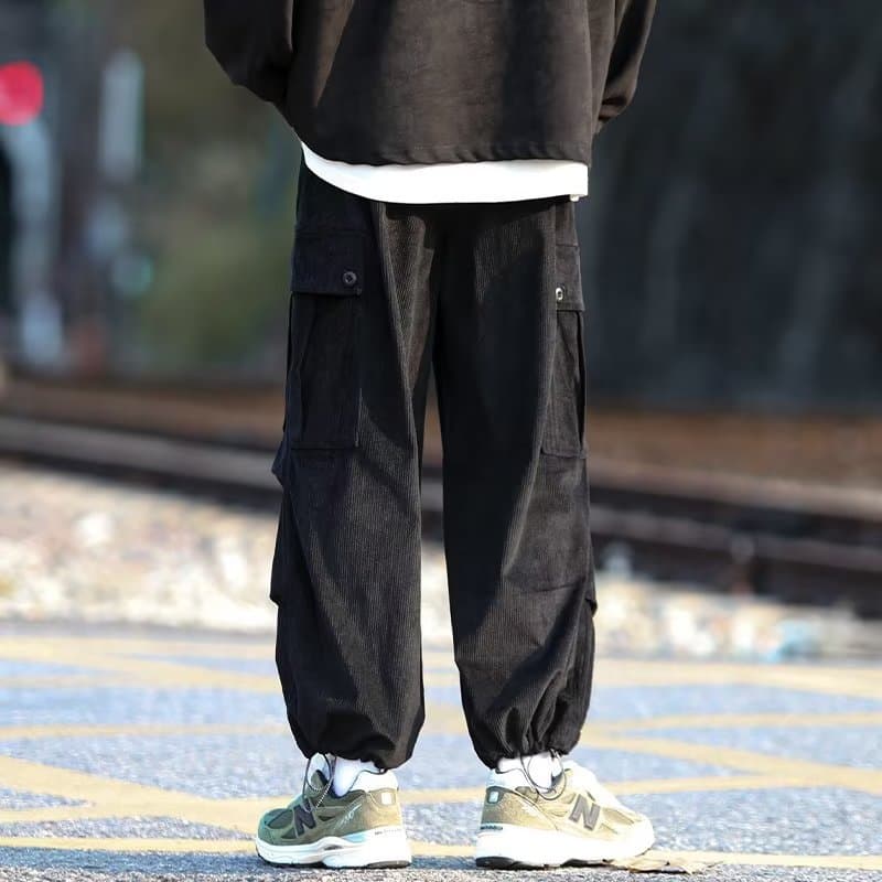 カーゴパンツ コーデュロイ素材多機能ポケット付きゆったりワイドパンツ
