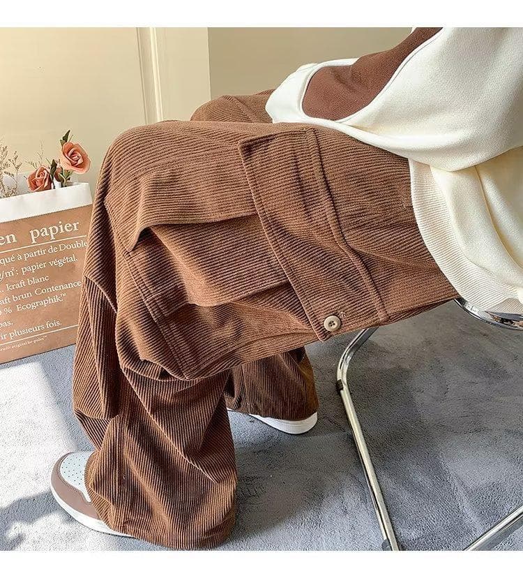 カーゴパンツ 多機能ポケット付きコーデュロイ風ワイドカーゴボトムス